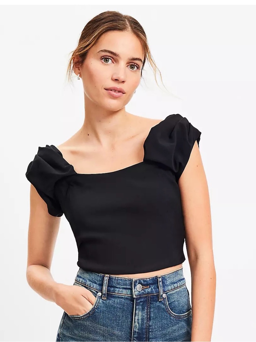 LOFT Black Puff-Sleeve Square Neck Crop Top